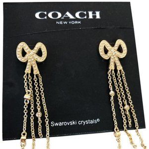 Coach Swarovski Crystals waterfall chains gold pave bow earrings